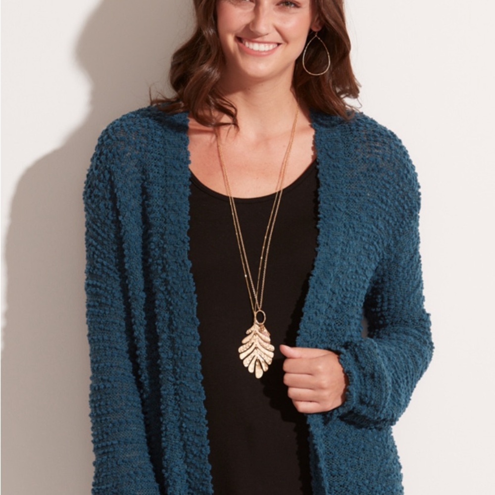 Mia and Tess Womens L Cardigan Teal Popcorn Knit Boho Lagenlook Open Cottagecore